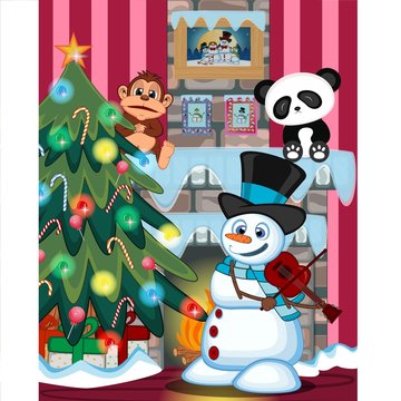 Snowman With Hat And Blue Scarf Playing The Violin with christmas tree and fire place Illustration