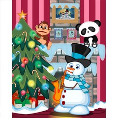 Snowman Wearing A Hat And A Blue Scarf Playing Saxophone with christmas tree and fire place Illustration