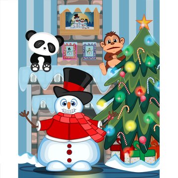 Snowman Wearing A Hat, Red Sweater And Red Scarf Waving His Hand with christmas tree and fire place Illustration