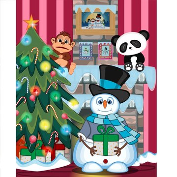 Snowman Carrying A Gift Wearing A Hat, Blue Sweater And A Blue scarf with christmas tree and fire place Illustration