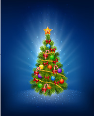 Illustration of decorated Christmas tree on a blue background