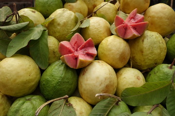 Guavas on a fruit stall in Delhi, India