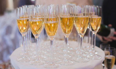 Beautiful row line of different colored alcohol cocktails with mint on a christmas party, martini, vodka with bubbles, wine and others on decorated catering bouquet table on open air event, picture 