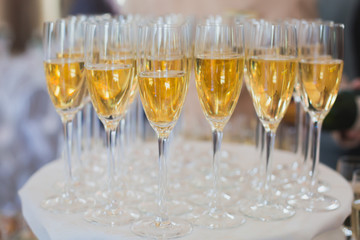 Beautiful row line of different colored alcohol cocktails with mint on a christmas party, martini, vodka with bubbles, wine and others on decorated catering bouquet table on open air event, picture 