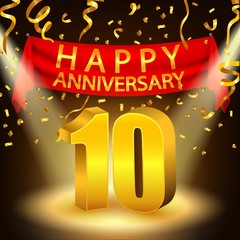 Happy 10th Anniversary celebration with golden confetti and spotlight