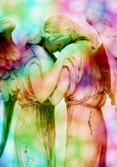 angels embraced in love composite with colorful abstract background