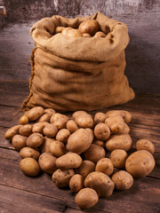 Potatoes From A Sack Lying On Wooden Boards