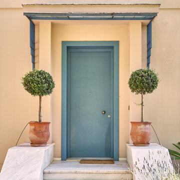 Contemporary House Green Door And Flowerpots, Athens Greece