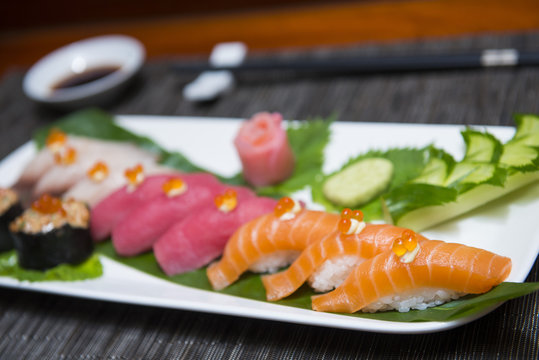 sushi sets japanese food in restaurant