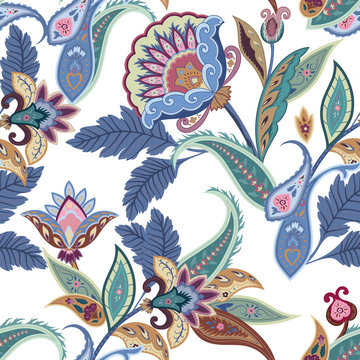 Fantasy flowers seamless paisley pattern. Floral ornament, for fabric, textile, wrapping, wallpaper