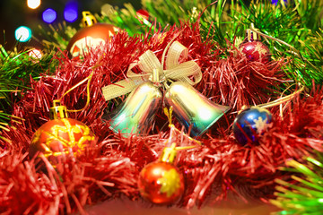Christmas New Year's toys on a blurred background of Christmas t