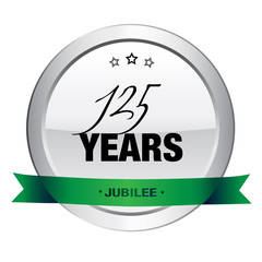 125 Years jubilee seal or icon. Silver seal or button with stars and green banner.
