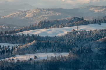 Morning panorama of  snowy Spisz, Poland