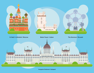 Ilustración de Vector Monumentos de Europa Vol. 2: Catedral de San Basilio (Moscu), Torre de Belem (Lisboa), El Atomium (Bruselas)  y el Parlamento de Hungría (Budapest).