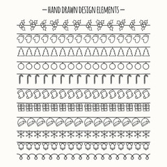 Set of 2016 Christmas season hand drawn vector line border and sketch scribble winter design graphic element. New Year brushes for design. Illustration. Trendy doodle style. Scrapbook decorations