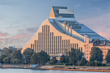 A new modern building of the national state library is one of the most-discussed architectural objects in Riga, Latvia - obrazy, fototapety, plakaty