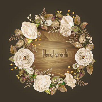 Vector round frame of white watercolor roses and berries on wood