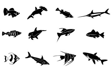 Set of sea and ocean fishes. Cartoon vector illustration.