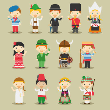 Ilustración de vector Niños y nacionalidades del mundo Set 1: Europa. Grupo de 13 personajes vestidos a la manera tradicional.