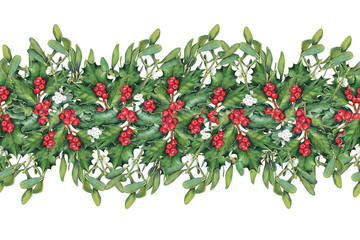 Seamless border with green Christmas mistletoe and holly branches. Original watercolor hand drawn pattern.