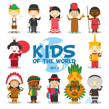 Niños del mundo: Nacionalidades Set 2. Grupo de 12 personajes vestidos a la manera tradicional de sus respectivos países. Ilustración de vector.
