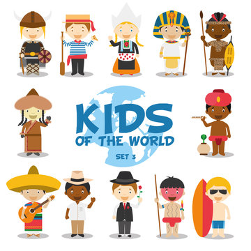 Niños del mundo: Nacionalidades Set 3. Grupo de 12 personajes vestidos a la manera tradicional de sus respectivos países. Ilustración de vector.