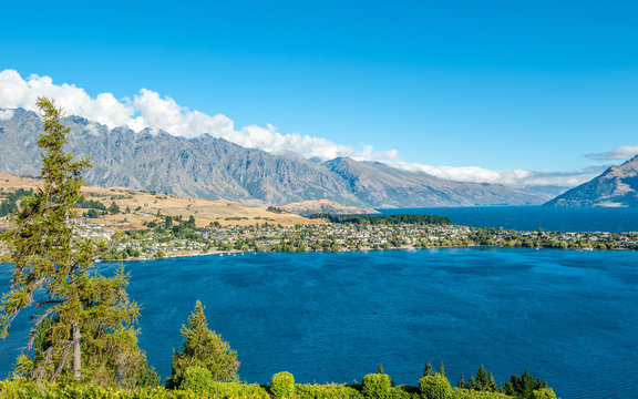 View from Queenstown towards Lake Wakatipu and the Remarkables in Central Otago, New Zealand