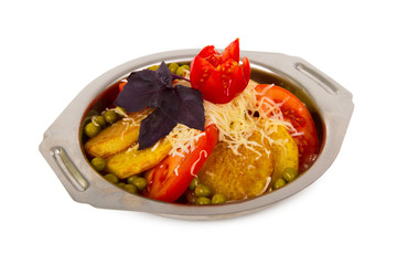 Meat baked with slices of potatoes