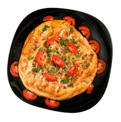 Isolated image of a tasty pizza on the plate closeup