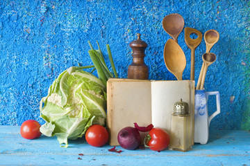 vegetables,recipe book,kitchen utensils, free copy space