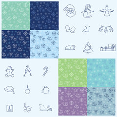 Set of simple Christmas patterns and set of thine line icons