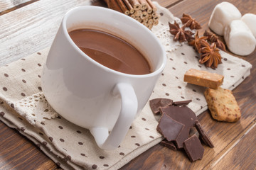 Mug filled with homemade hot chocolate, marshmallow with spice