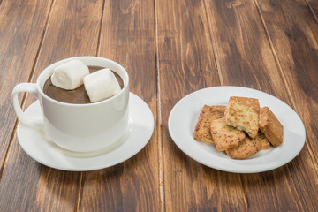 homemade hot chocolate and marshmallow with cookies
