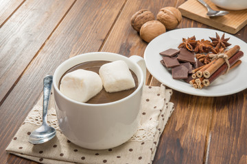 Fototapeta na wymiar homemade hot chocolate and marshmallow, spice with walnut
