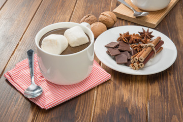 homemade hot chocolate and marshmallow, spice with walnut