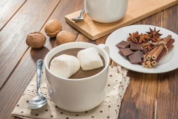 homemade hot chocolate and marshmallow, spice with walnut