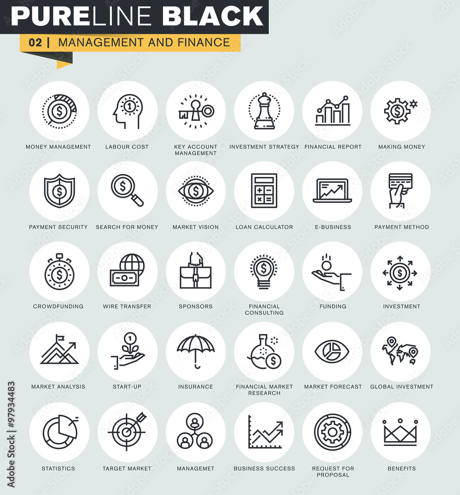 Poster set of thin line web icons of management and finance. premium quality icons for website, mobile webs