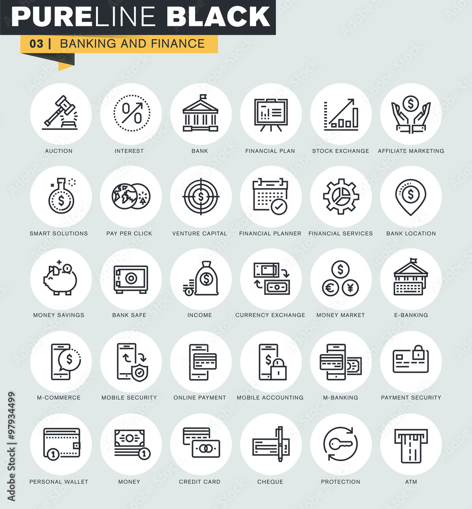 Poster set of thin line web icons of banking and finance. premium quality icons for website, mobile website