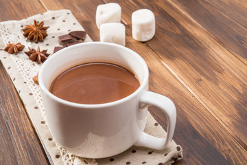 Mug filled with homemade hot chocolate, marshmallow with spice