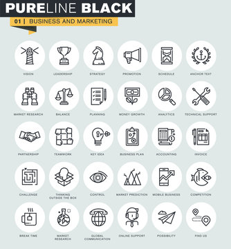 Set of thin line web icons of business and marketing. Premium quality icons for website, mobile website and app design.