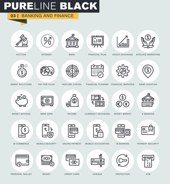 Set of thin line web icons of banking and finance. Premium quality icons for website, mobile website and app design.