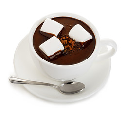 Hot chocolate with marshmallows close-up isolated on a white background.