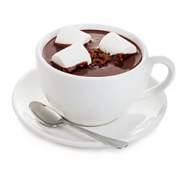Rolgordijnen Chocolade Warme chocolademelk met marshmallows close-up geïsoleerd op een witte achtergrond.