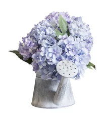 Papier Peint photo autocollant Hortensia Fake hydrangea flowers in zinc watering can on white background