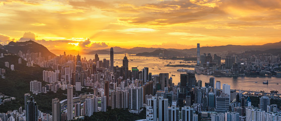 sunset in hong kong city - obrazy, fototapety, plakaty