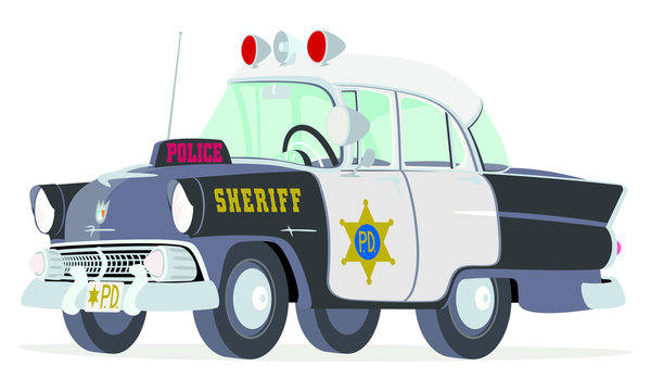 Caricatura Ford Mainline Town Sedan 1955 polic&iacute;a negro y blanco USA vista frontal y lateral