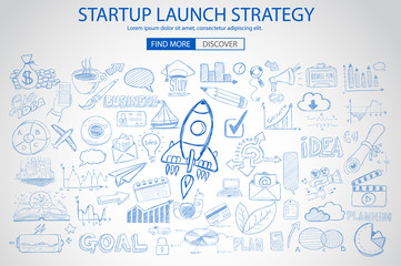 Obraz premium Strartup Launch Strategy Concept with Doodle design style