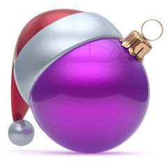 Christmas ball ornament purple New Year's Eve adornment bauble decoration blank. Happy Merry Xmas funny Santa Claus hat sphere emoticon wintertime traditional seasonal celebration souvenir. 3d render