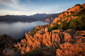 Les calanches de Piana, Corsica, France, at sunset