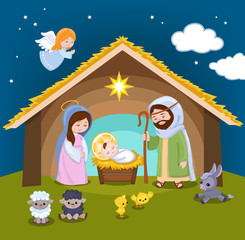 Set of Christmas scene elements. Cartoon nativity holy family.